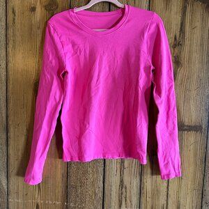 Ribbed Long Sleeve Crewneck Tee in Hot Pink